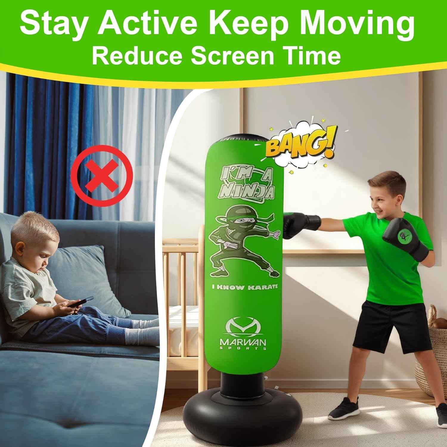Marwan Sports 5-in-1 Inflatable Punching Bag for Kids – 63" Karate Toy Set with Boxing Gloves, Durable Fast Rebound, Active Play, Stress Relief Christmas/Birthday Gift for Boys & Girls Ages 4-12