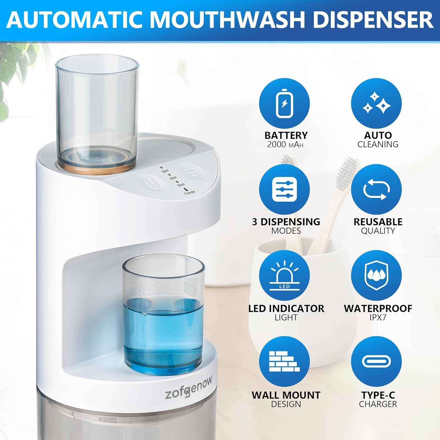 ZOFGENOW Automatic Mouthwash Dispenser for Bathroom,Bathroom Accessories 19.4 Fl Oz Dispensers with Magnetic Cups,Wall Mounted Dispenser,Suitable for All Age Groups,White