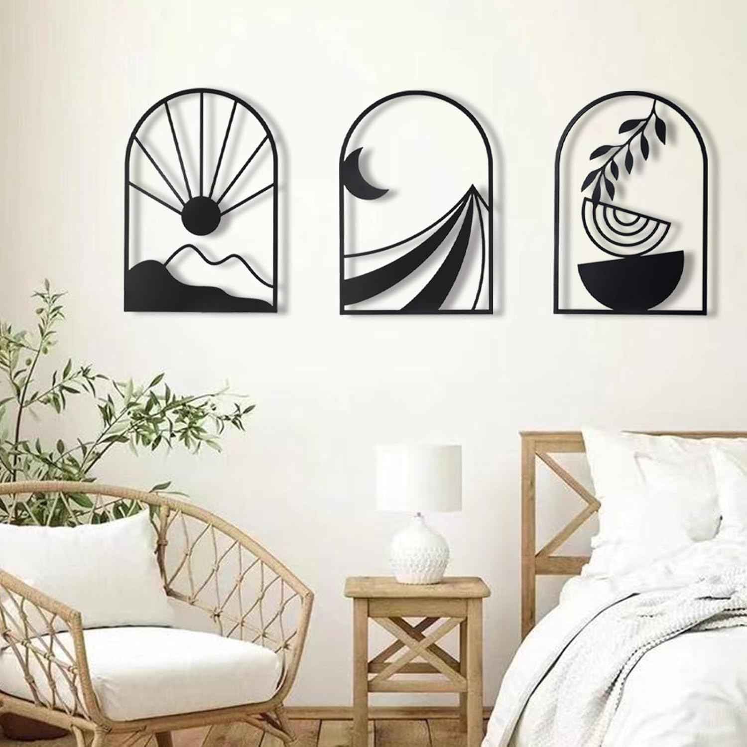 OYEFLY 3 PCS Boho Black Metal Wall Decor,Black Boho Metal Wall Art