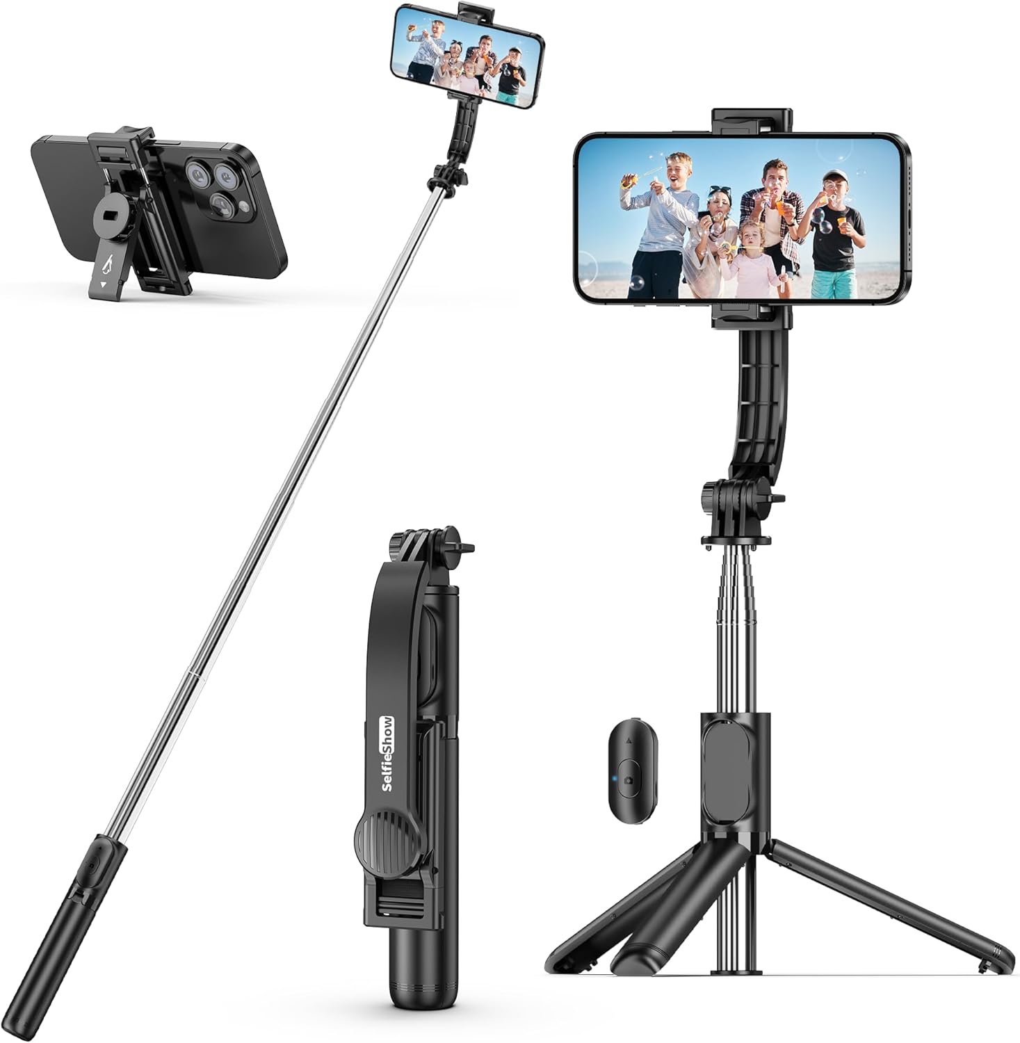 SelfieShow Selfie Stick, Extendable Selfie Stick Tripod with Wireless Remote and Tripod Stand, Portable, Lightweight, Compatible with iPhone 17 16 15 14 13 12 Pro Xs Max/Samsung Smartphone and More
