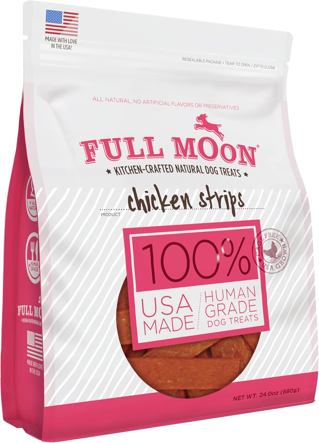Full Moon Chicken Strips healthy all-natural dog treats, human grade, made in USA, 1.5 pound pack