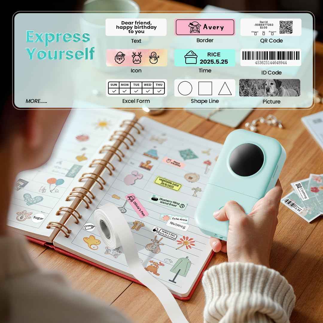 Phomemo Label Maker, D30 Portable Bluetooth Mini Label Printer Machine, Smartphone Handheld Thermal Sticker Small Labeler Multiple Templates Fonts Icon Inkless Custom Label for Home Kids, School Item