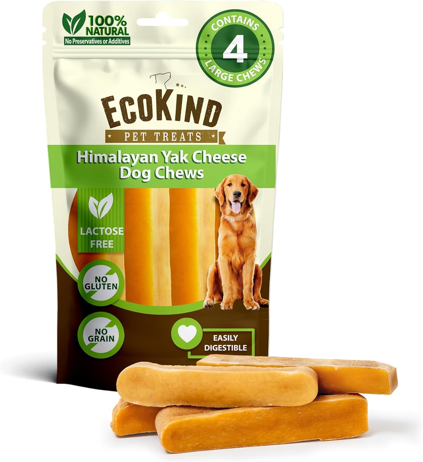 EcoKind Premium Gold Yak Cheese Himalayan Dog Chews for Large Breed, Aggressive Chewers, Natural, High Protein, 4 Chews (1 lb)