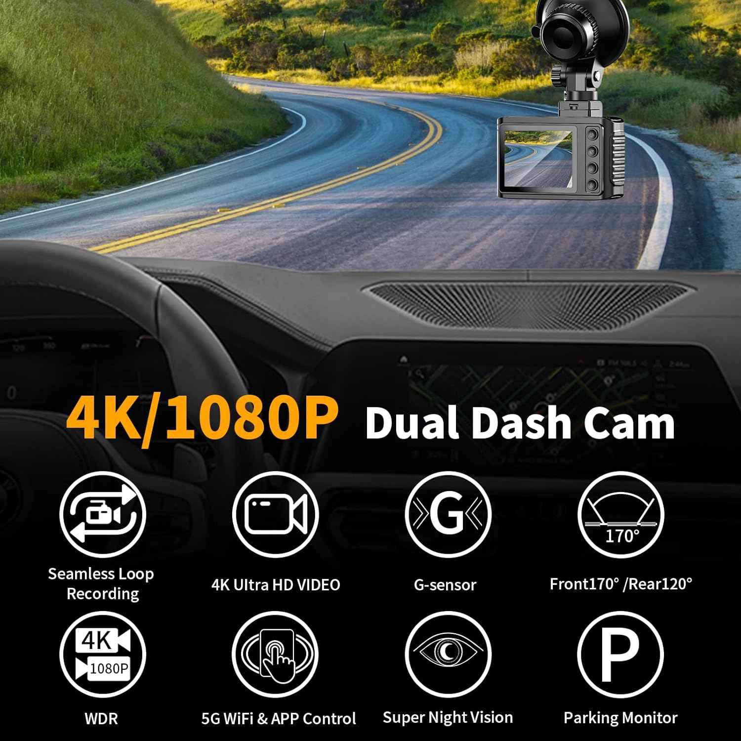 Dash Cam Front and Rear: 4K Dual Channel Dash Cam - 5GHz WiFi, Dash Camera for Cars with 64GB Card, 2" IPS, App Control, G-Sensor, Loop Recording, 170° Wide Angle, Night Vision, 24H Parking Mode