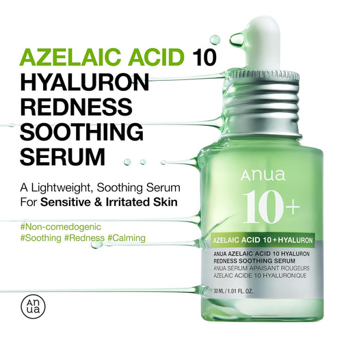 anua azelaic acid 10 hyaluron redness soothing serum for sensitive skin, korean skincare, vegan, 30ml, 1.01 fl oz.
