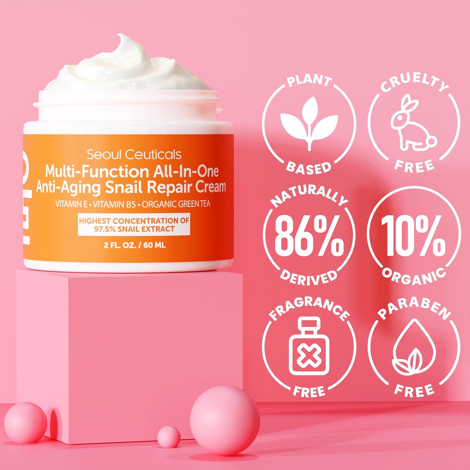 SeoulCeuticals 97.5% snail mucin moisturizer cream, cruelty free, K beauty skincare day and night repair cream, 2 oz
