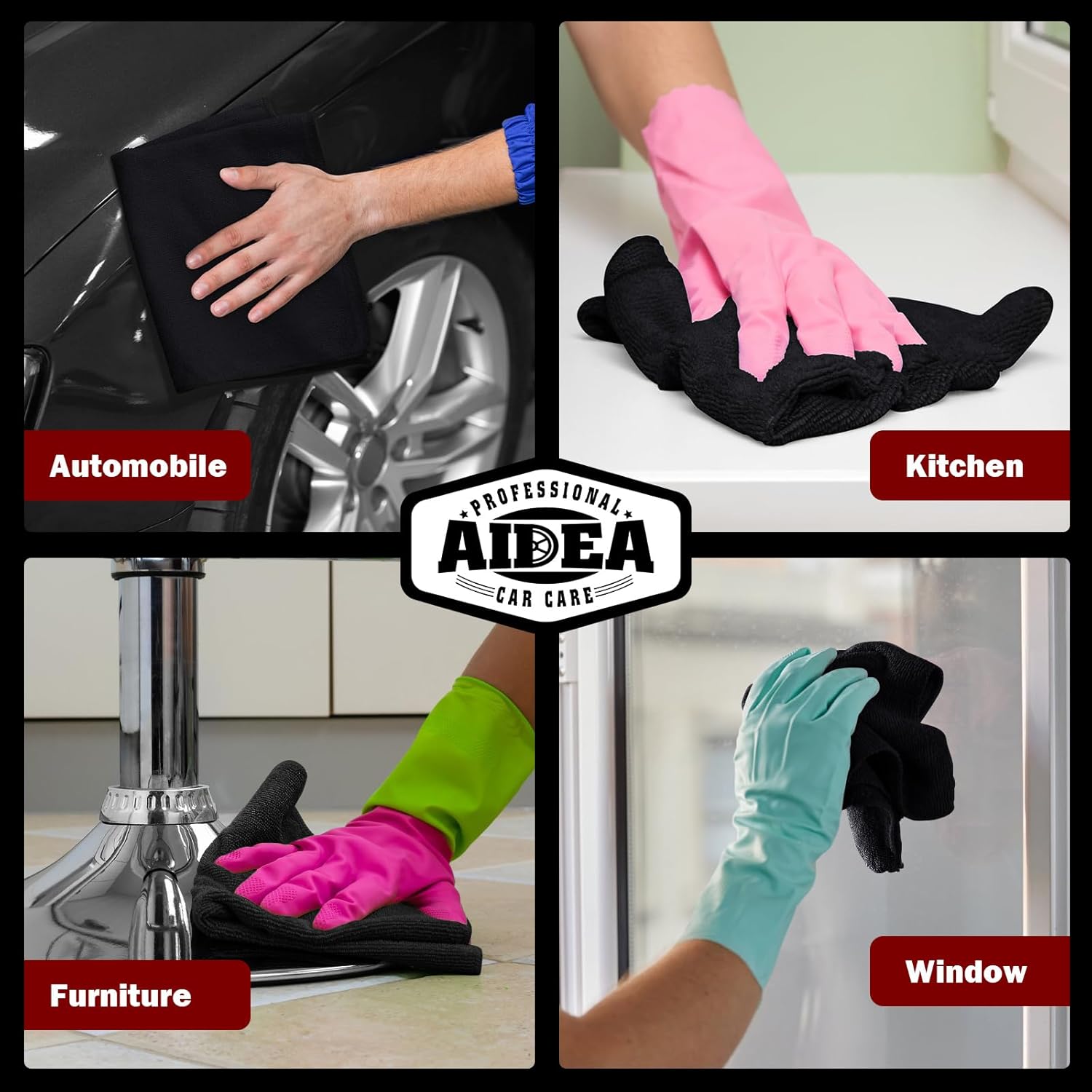 AIDEA Microfiber Cleaning Cloth 10PK, Black, 12x12, Microfiber Towels for Cars, Houses, and Kitchens