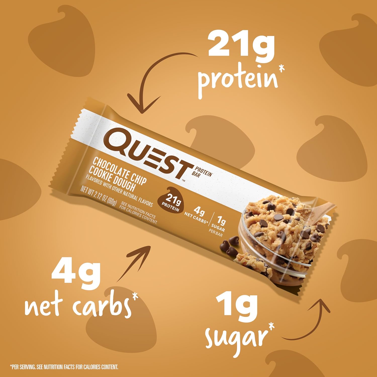 quest nutrition chocolate chip cookie dough protein bars 21g protein 1g sugar 4g net carb gluten free 12 count