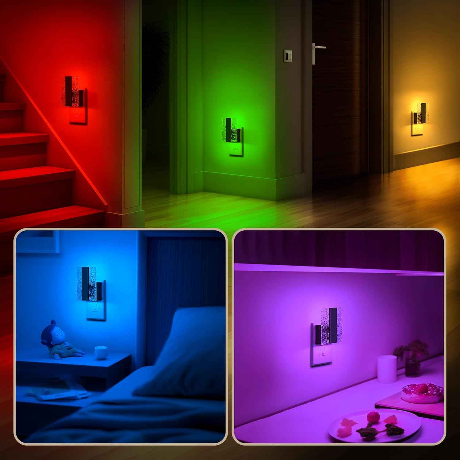 DORESshop LED Night Lights Plug into Wall [2 Packs], Decorative Night Light with Dusk-to-Dawn Sensor, RGB Color-Changing Nightlights with Slide Button, Nightlights for Kids, Bathroom, Hallway, Bedroom