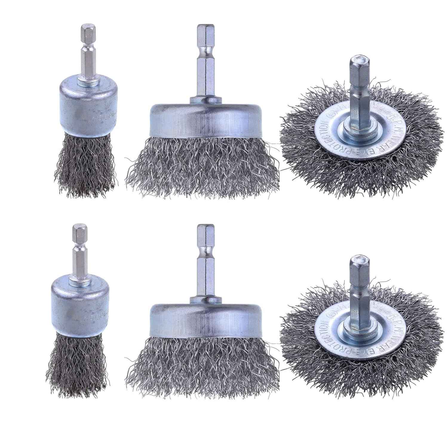 Rocaris 6 Pack Carbon Steel Wire Wheel and Pen Brush Set with 1/4-Inch Hex Shank for Rust Removal, Corrosion and Scrub Surfaces