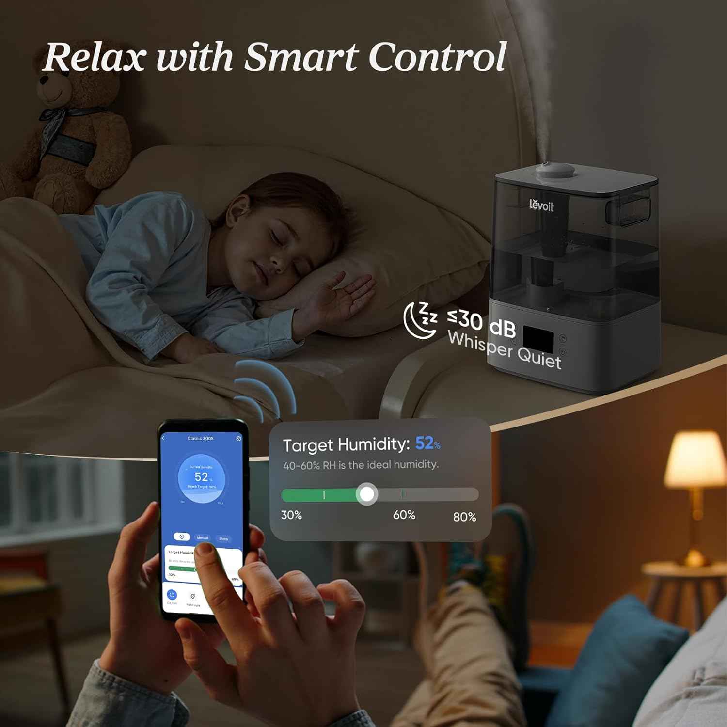 LEVOIT Humidifiers for Bedroom Large Room Home, (6L) Cool Mist Top Fill Essential Oil Diffuser for Baby & Plants, Smart App & Voice Control, Rapid Humidification & Auto Mode - Quiet Sleep Mode, Gray