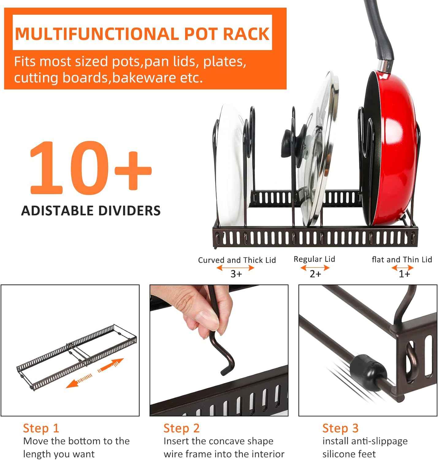 Pot Rack Organizer -Expandable Pot and Pan Organizer for Cabinet,Pot Lid Organizer Holder with 10 Adjustable Compartment for Kitchen Cabinet Cookware Baking Frying Rack,Bronze