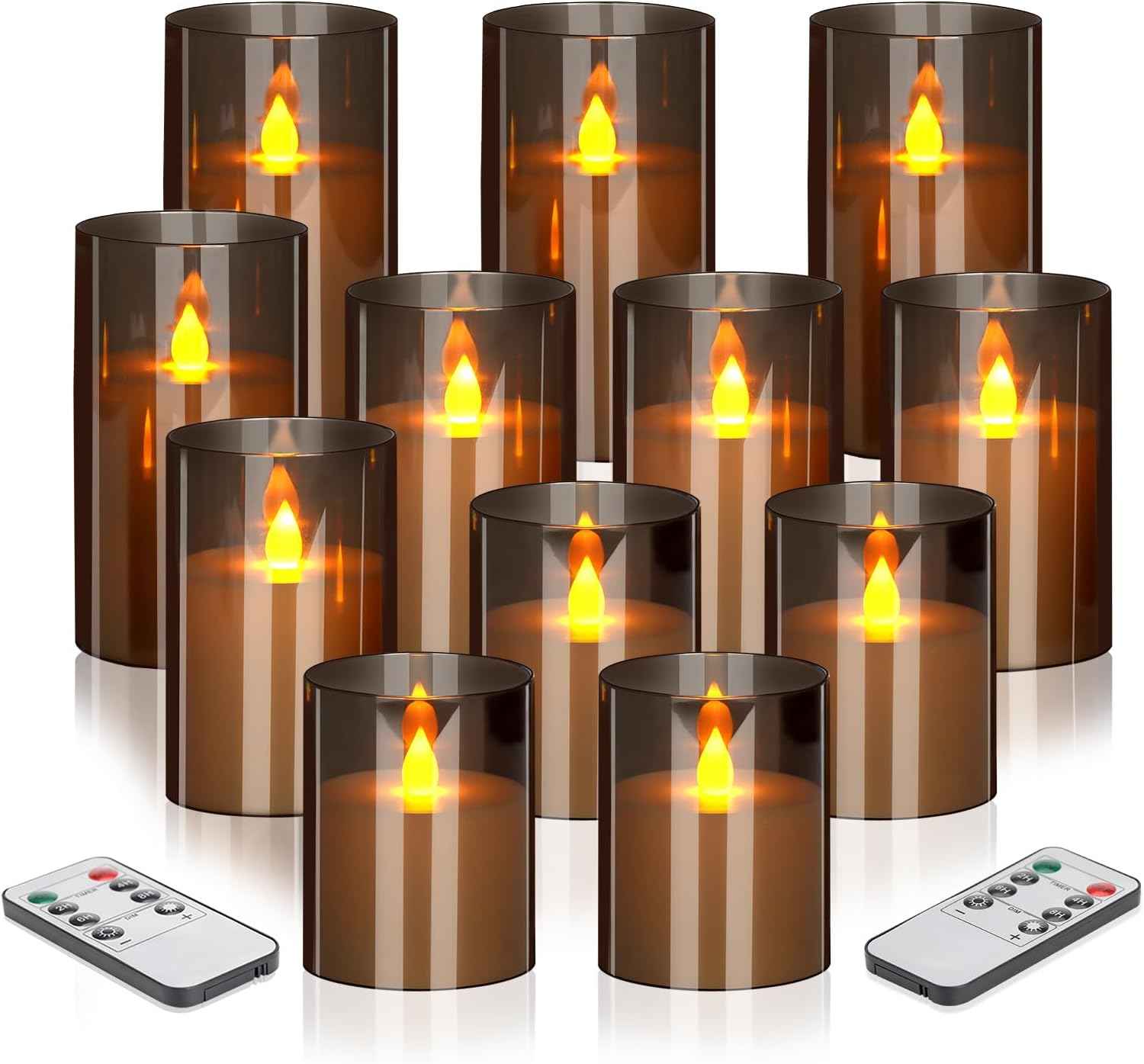 Flameless Candles 4" 5" 6" Set of 3 Acrylic Glass Pillars 3" Diameter Battery Operated Flickering Candles Include 10-Key Remote with Timer Function 400+ Hours (Gray, Warm Light 3 Pack)