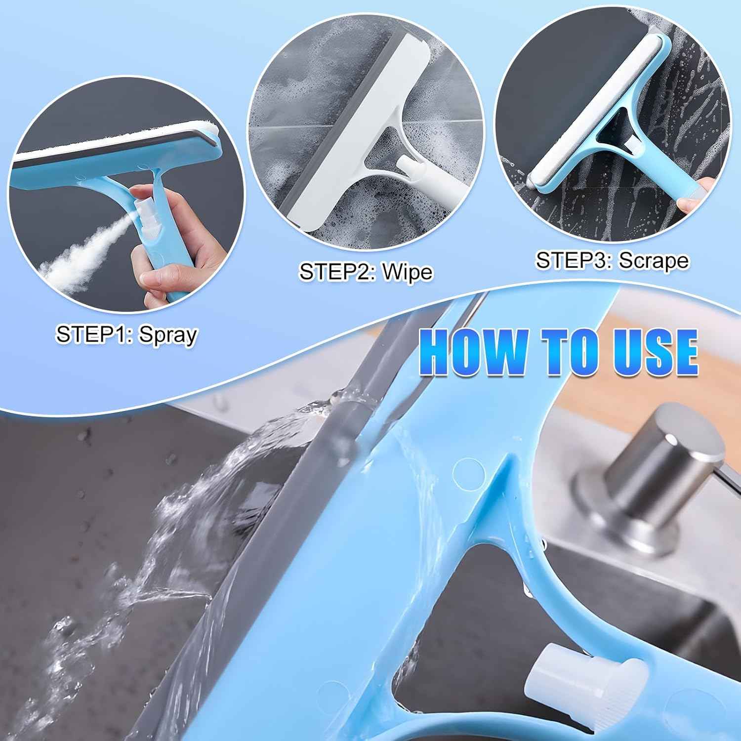 3 in 1 Window Cleaning Scraper,New 3 in 1 Window Cleaner,Squeegee and Scrubber with Spray, for Windows, Walls,Car Windshields, Bathrooms, Kitchens, All-Purpose Window Cleaner Tool (Blue)