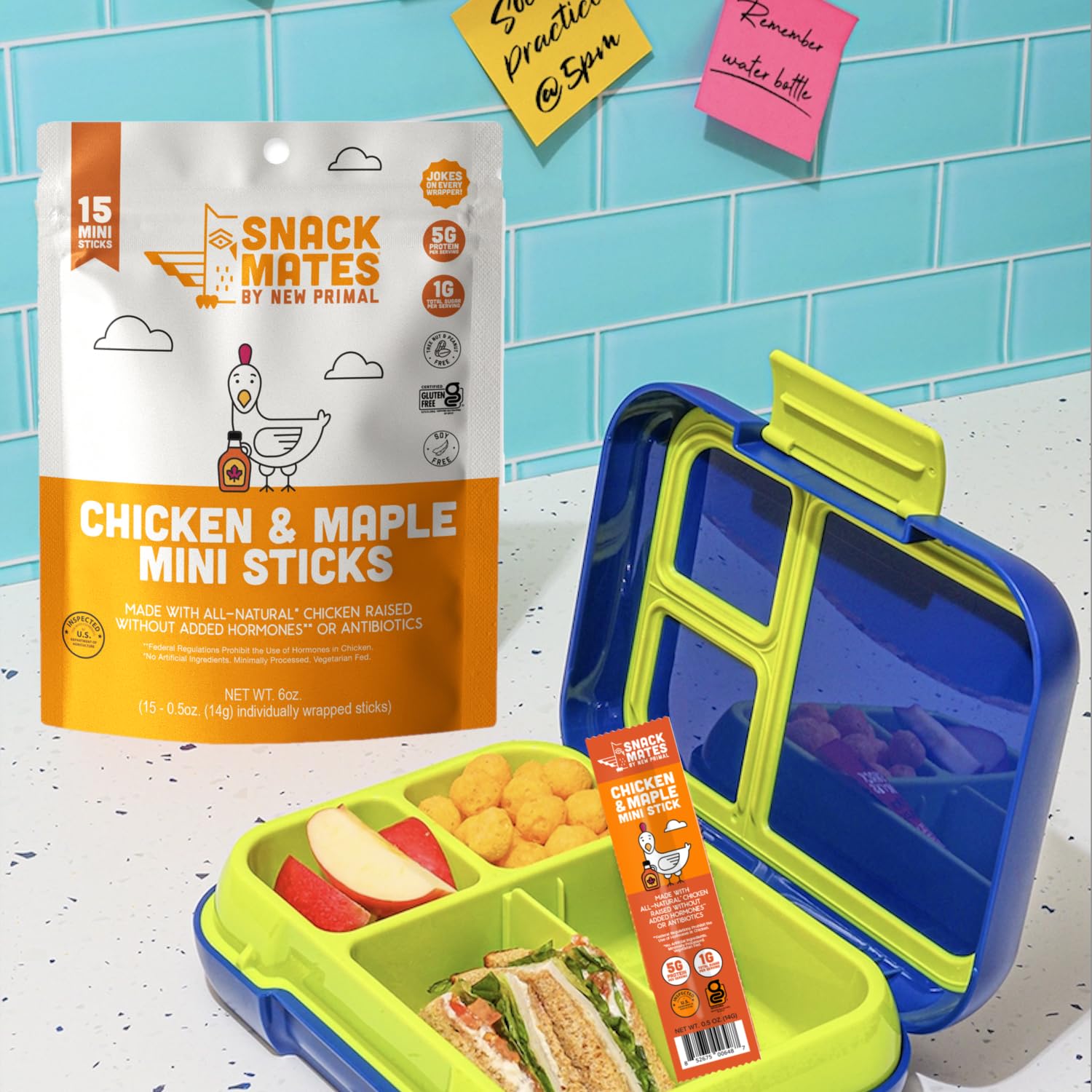 New Primal Snack Mates Gluten-Free Chicken & Maple Sticks, Healthy Snacks for Kids, Low Sugar High Protein, 15 Pack