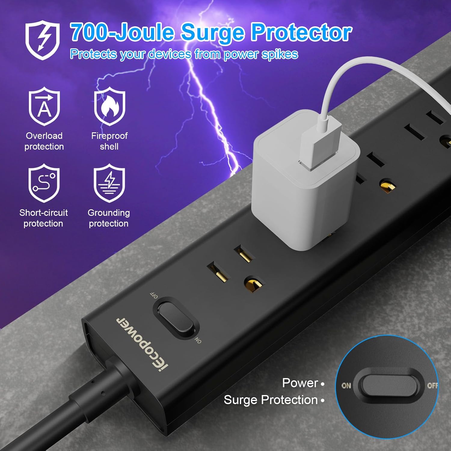 black 2-pack power strip with 5 outlets, 3 usb ports, 1250w surge protector, 5ft cord, wall mount for home office