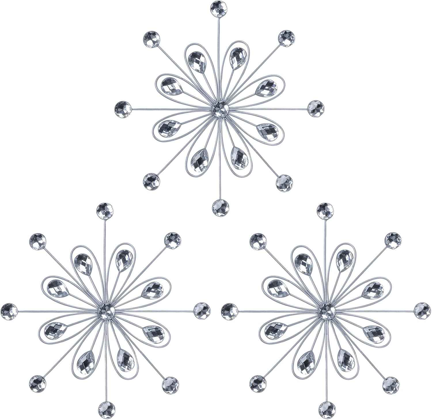 hogardeck Metal Flower Wall Decor, 11inch Silver Metal Jeweled Wall Art Bling Crystal Home Décor, Sun Burst Rhinestone Wall Hanging Diamond Accents for for Indoor, Outdoor, Living Room, Bedroom