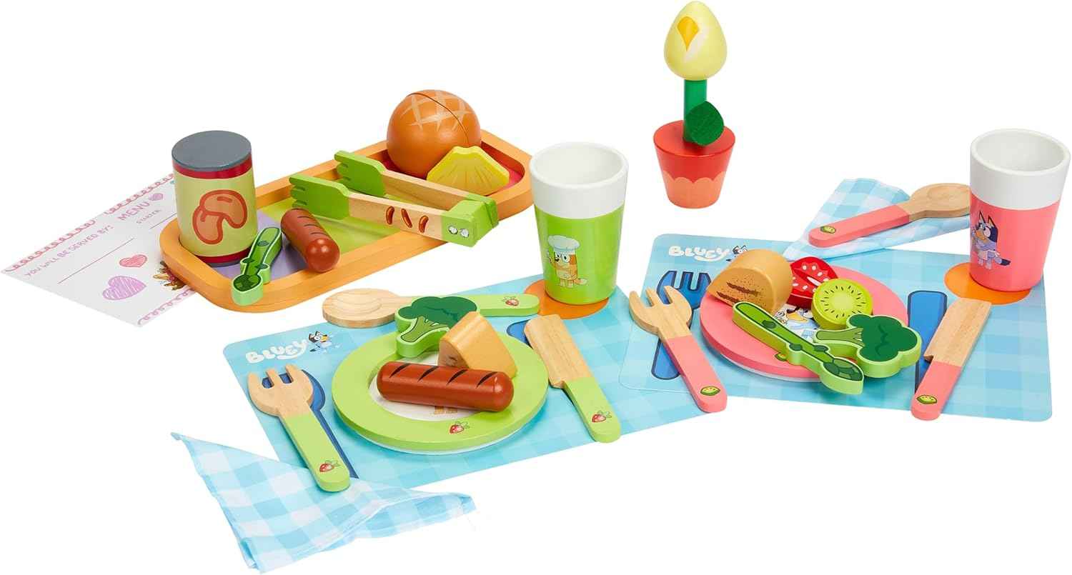 8th Wonder Bluey Toys Wooden Tea Party Set, 18-Piece Durable Toy Tea Set with Tray, Teapot, Teaspoons, and More, Pretend Play for Toddlers of Ages 3+