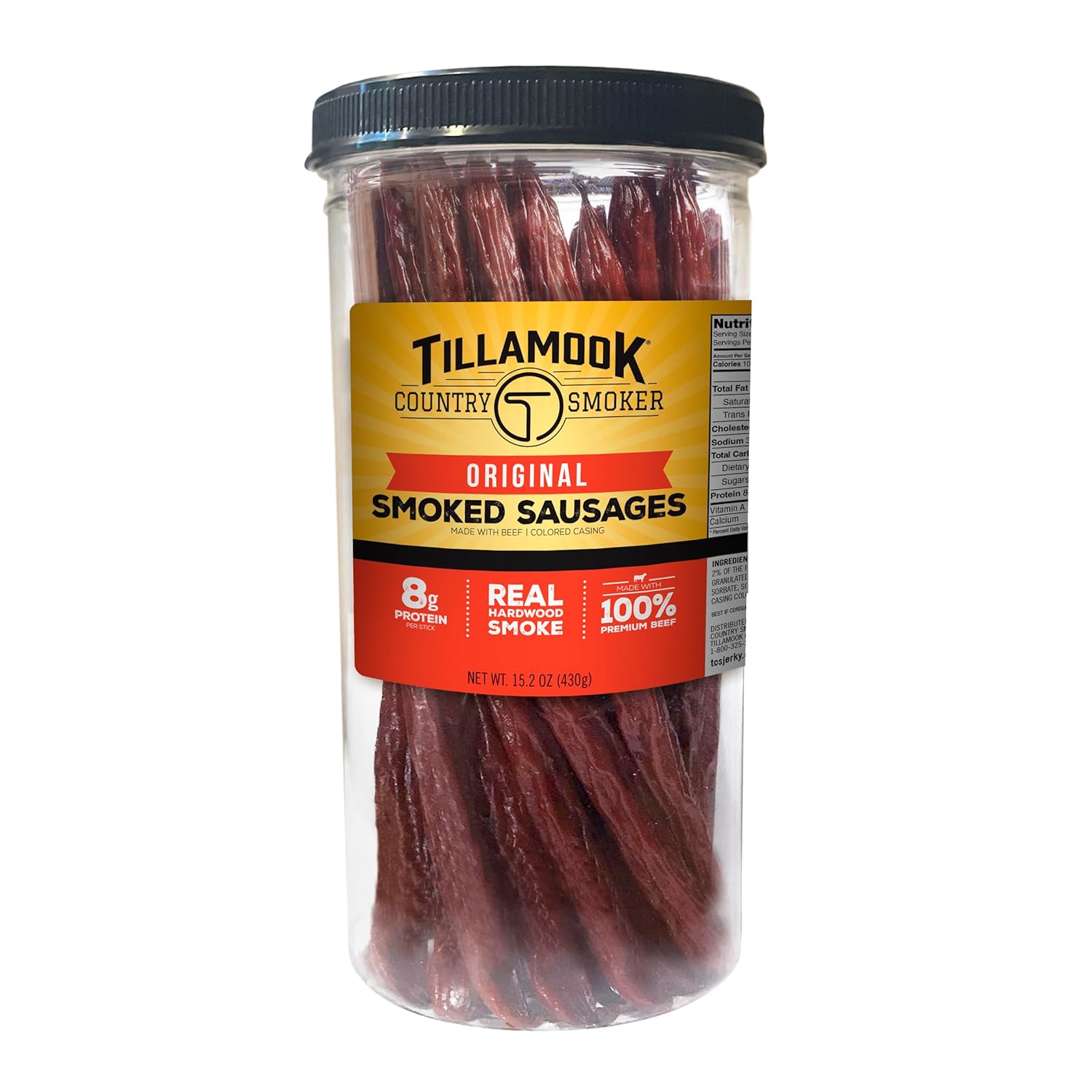 Tillamook Country Smoker original beef smoked sausages, 20 count, 15.2 ounce tall jar, real hardwood smoked