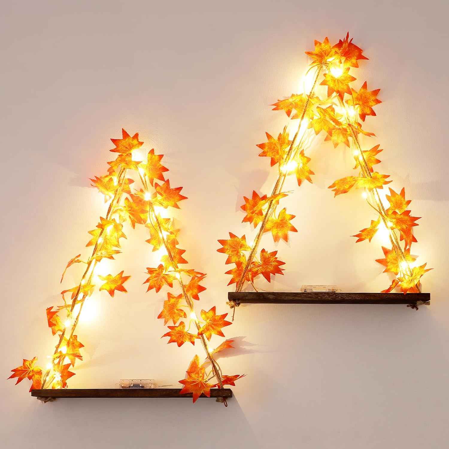 Floating Shelves for Wall, Hanging Shelves with Artificial Ivy LED String Light, No Drilling Hanging Shelf, Wood Hanging Plant Shelves for Wall Décor, Boho Decor, Art Bedroom, Set of 2