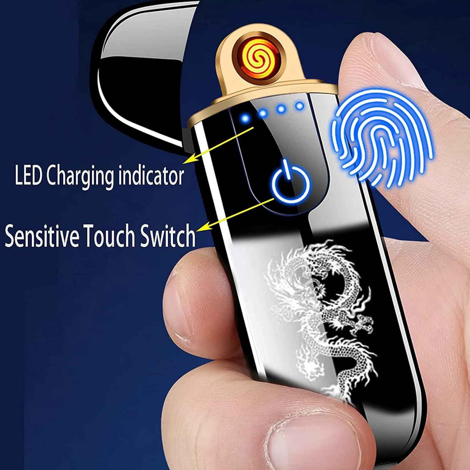 Dragon Smart USB Rechargeable Mini Electric Lighter - Touch Ignition, Windproof, Flameless Plasma Lighter with Battery Indicator