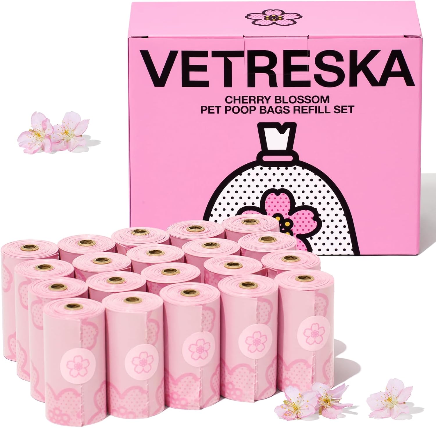 vetreska dog poop bag dispenser with cherry blossom scented bags and holder, pink