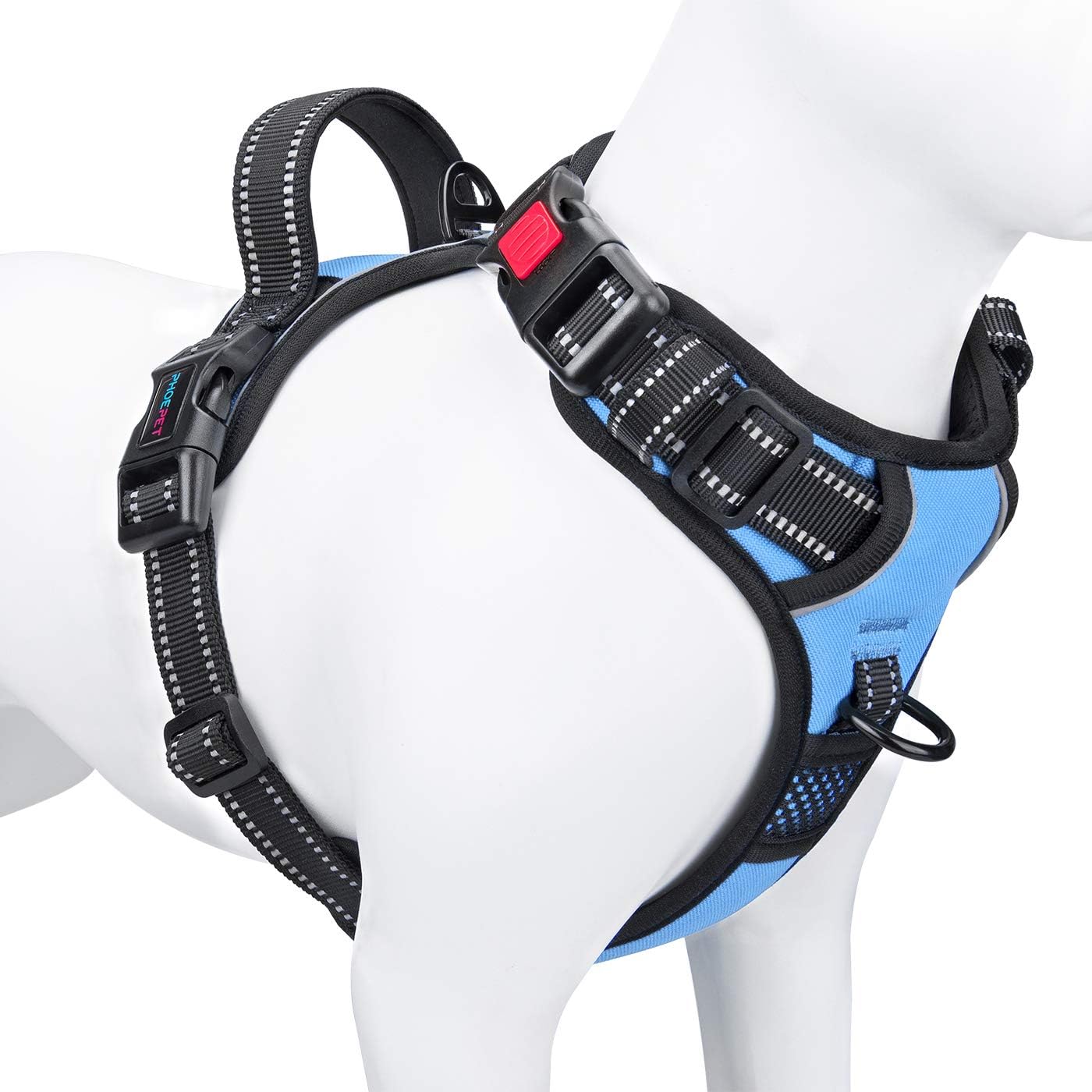 phoepet medium reflective dog harness with handle adjustable 2 metal rings orange