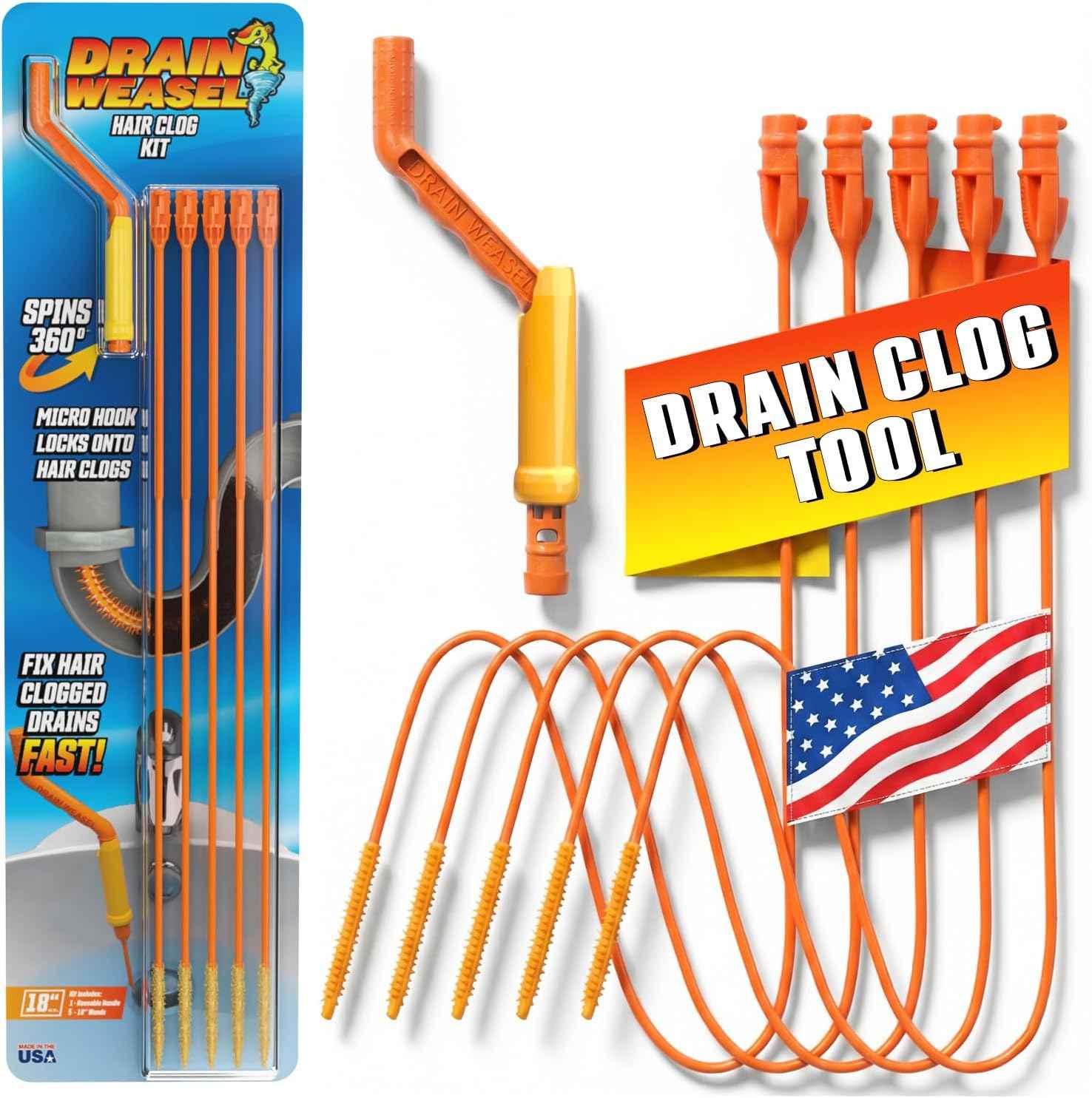 FlexiSnake Drain Weasel Sink Snake Hair Clog Remover Tool, Pipe, Bathroom, Bathtub Cleaner, 18-inch, Made in the USA, 5 Wands and Removable Handle
