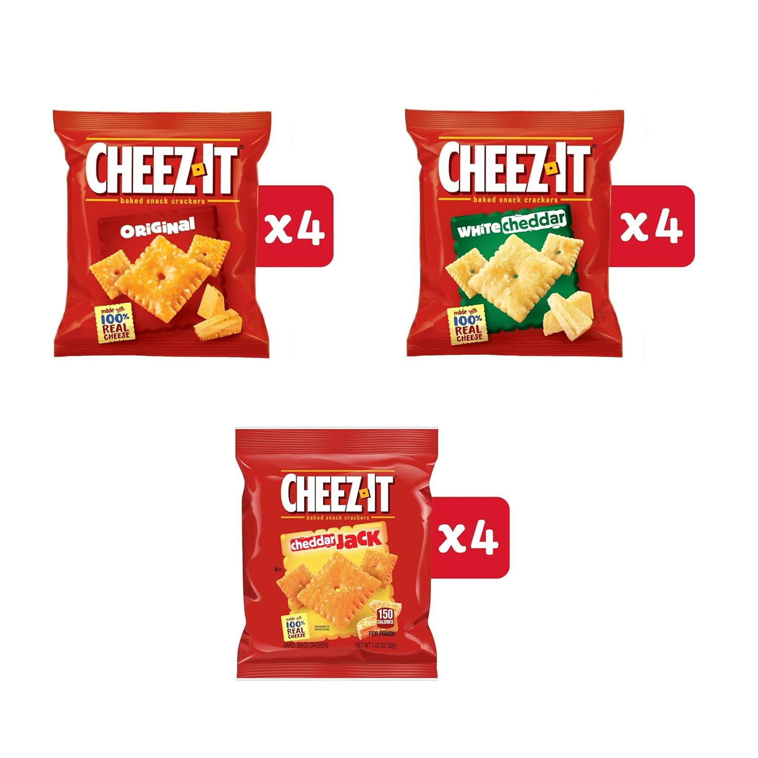 cheez-it variety pack, 12.1oz box, 12 packs, original, white cheddar, cheddar jack flavors