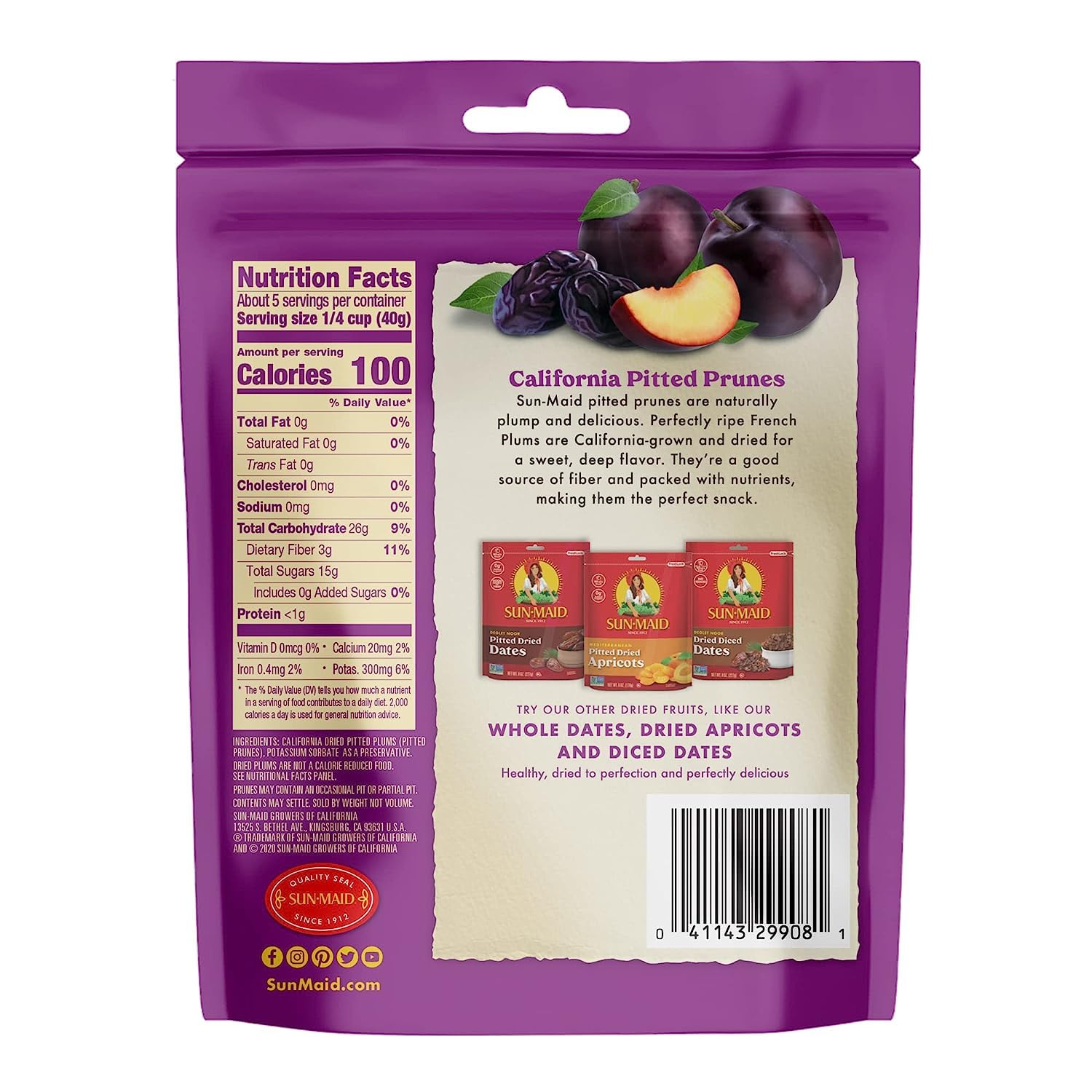Sun-Maid California sun-dried whole pitted prunes, 4-pack, 7oz resealable bags, dried plums snack