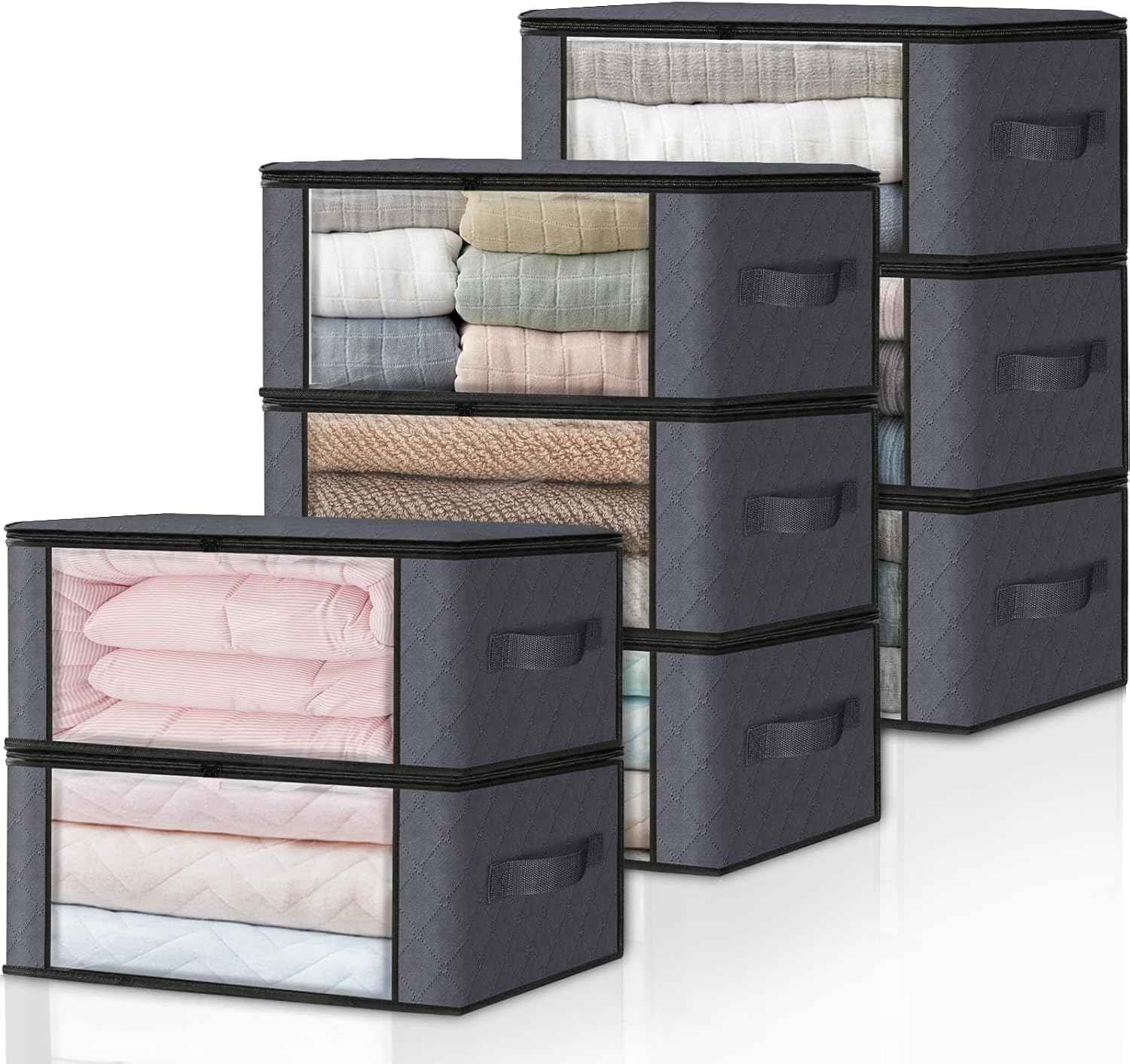 HomeHacks Storage 3-Pack Clothes Organizer Storage Bags Foldable Storage Box with Large Clear Window Sturdy Handles for Closet, Dorm, Pillows, Bedding, Clothes, Blankets, 35L, Gray