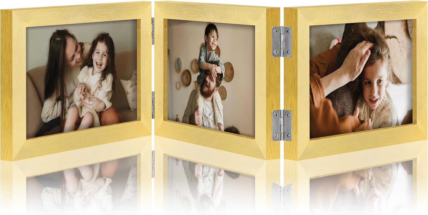 decorUhome Engineered Wood Trifold 4x6 Photo Frame with Plexiglass for Tabletop Display, Black, 3-Picture Frame