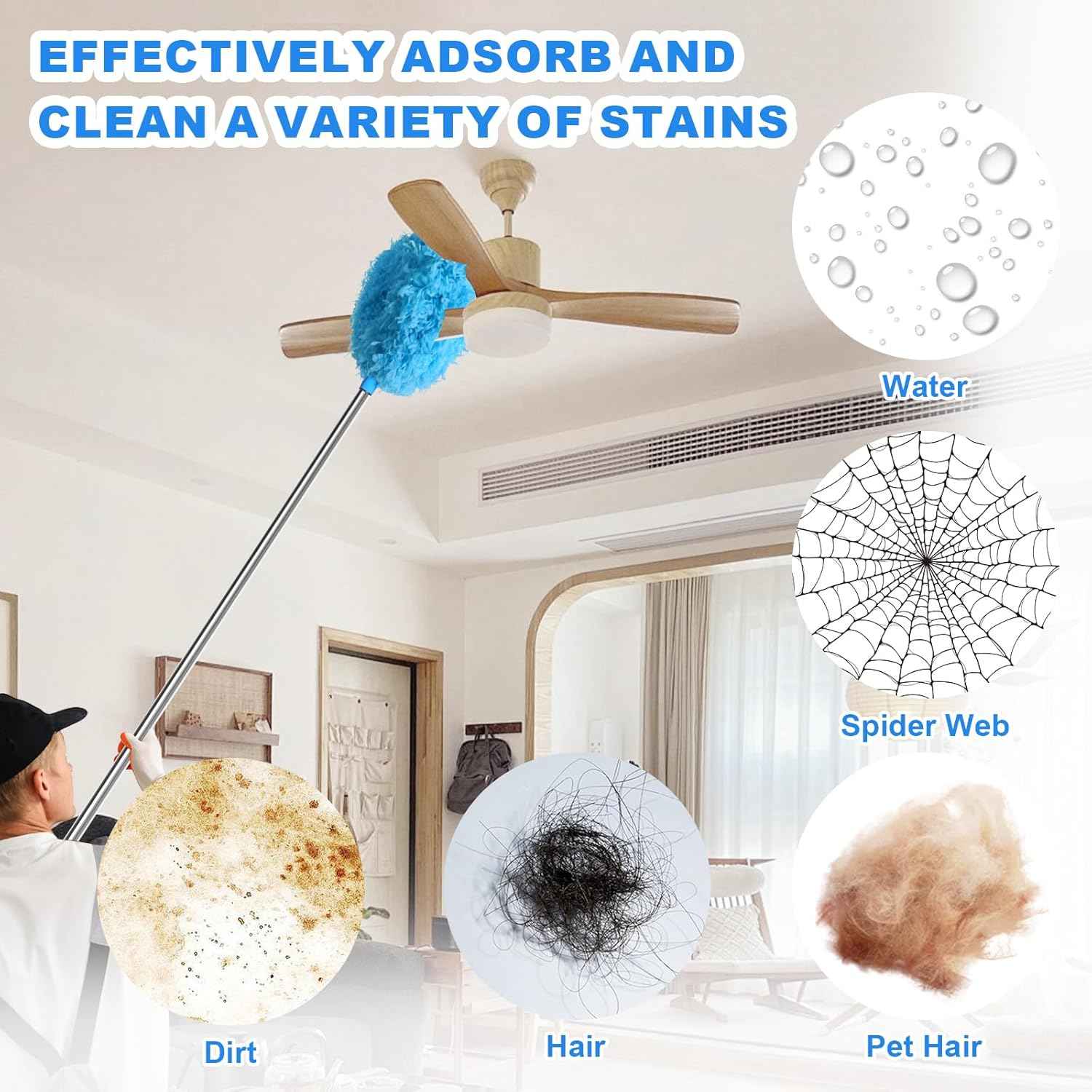Storystore Ceiling Fan Cleaner Duster with Extension Pole, Adjustable from 13 to 49.7 Inches, Removable Fan Blade Cleaner (Blue)