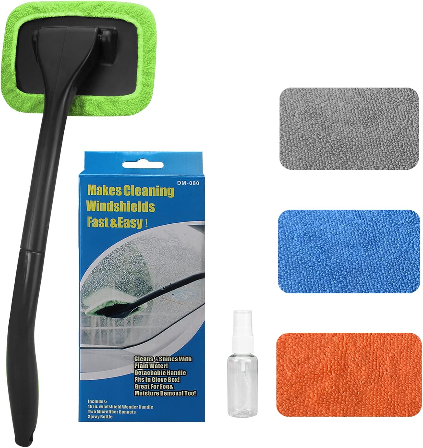 windshield cleaning tool with 4 washable microfiber pads and extendable ergonomic handle for auto glass wiper