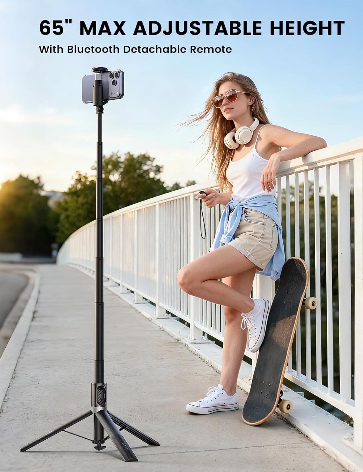 Lamicall 65" Phone Tripod & Selfie Stick - [Tap-to-Open] iPhone Tripod with Remote & Cold Shoe, Aluminum Phone Stand for Recording Compatible with iPhone for Video Record Live Vlog Mothers Day Black