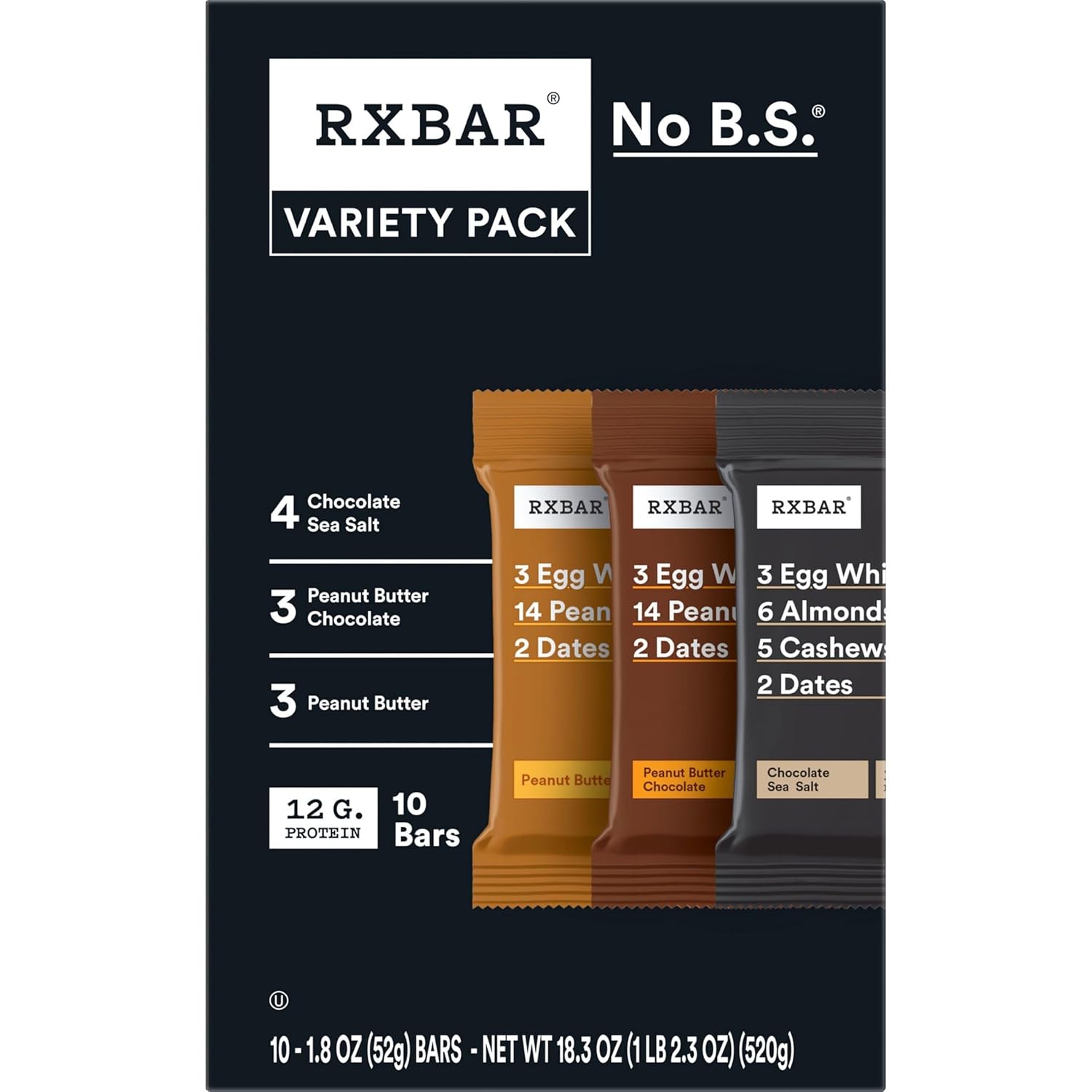 rxbar variety pack, 18.3oz box, 10 count, 12g protein snack bars
