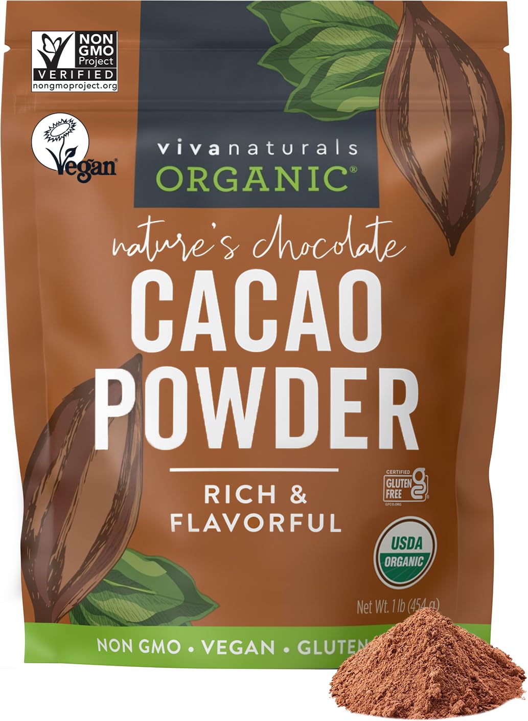 organic unsweetened cacao powder 1 lb rich dark chocolate flavor vegan keto paleo non-gmo gluten-free
