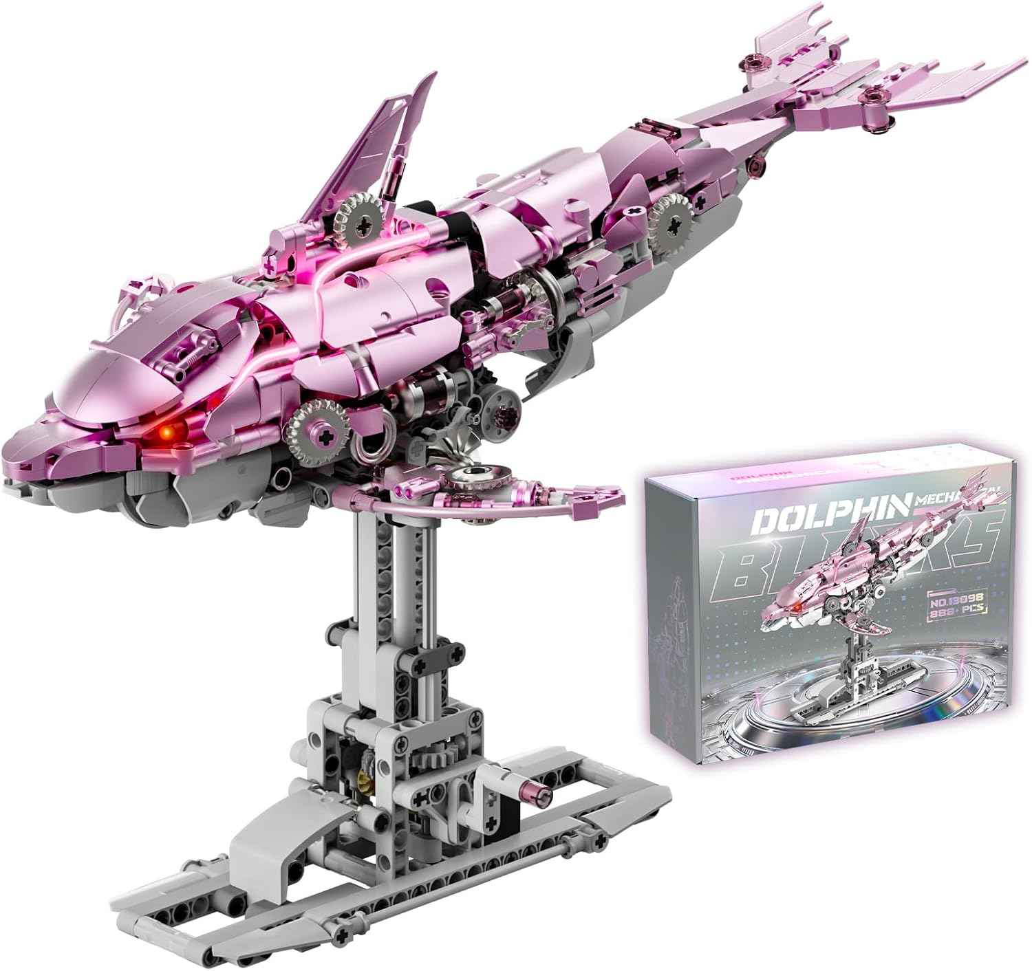 Myth Qholve Mechanical Blue Dolphin Building Blocks Set Hand-Operated Motion, Detailed Gear Design, Display & Play Model Futuristic Ocean Animal Model