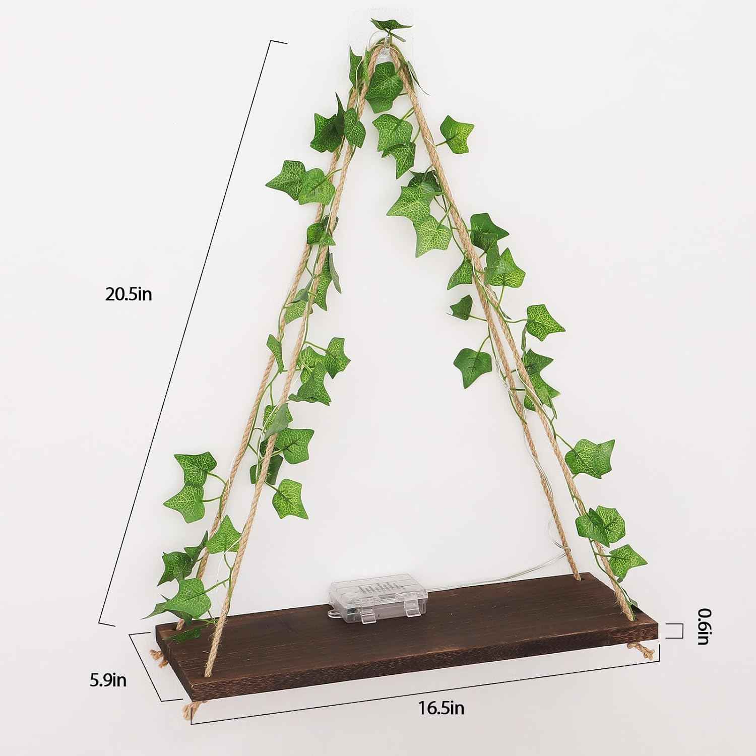 Floating Shelves for Wall, Hanging Shelves with Artificial Ivy LED String Light, No Drilling Hanging Shelf, Wood Hanging Plant Shelves for Wall Décor, Boho Decor, Art Bedroom, Set of 2