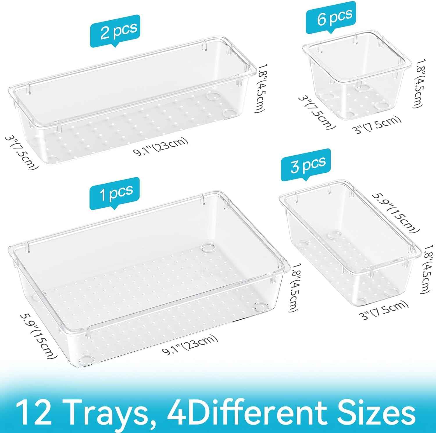 12 PCS Drawer Organizer Set, 4 Sizes Tool Storage Trays, Clear Plastic Makeup Vanity Organizer and Storage Bins for Makeup, Stationeries, Multiple Gadgets for Bathroom, Office, Bedroom
