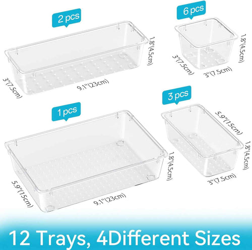 12 PCS Drawer Organizer Set, 4 Sizes Tool Storage Trays, Clear Plastic Makeup Vanity Organizer and Storage Bins for Makeup, Stationeries, Multiple Gadgets for Bathroom, Office, Bedroom