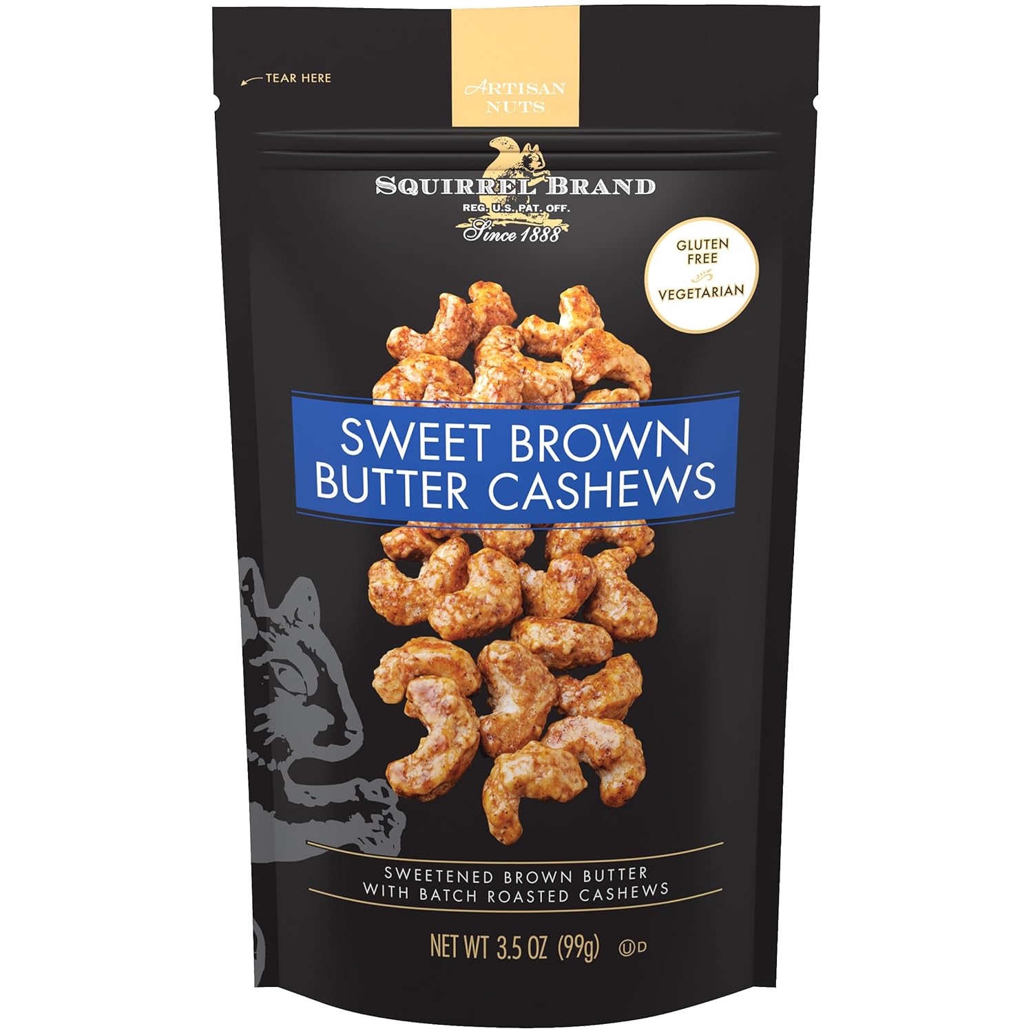 squirrel brand sweet brown butter cashews 3.5 ounces gluten free vegetarian resealable bag