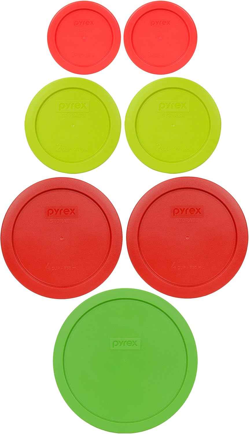 Pyrex (2) 7202-PC Green, (2) 7200-PC Orange, (2) 7201-PC Cobalt Blue, (1) 7402-PC Red Food Storage Lids - Made in USA