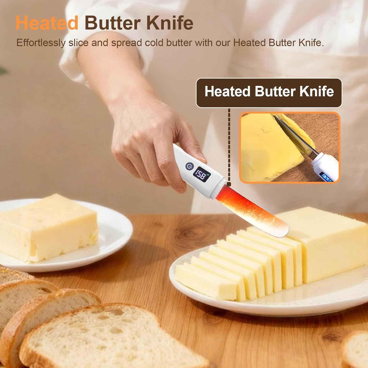 Heated Butter Knife, Smart Stainless Steel Electric Butter Spreader for Hard Butter, Cheese, Peanut Butter, Jam & Honey, Adjustable Heat (131℉/158℉), Rechargeable USB Kitchen Gadget Butter Knives