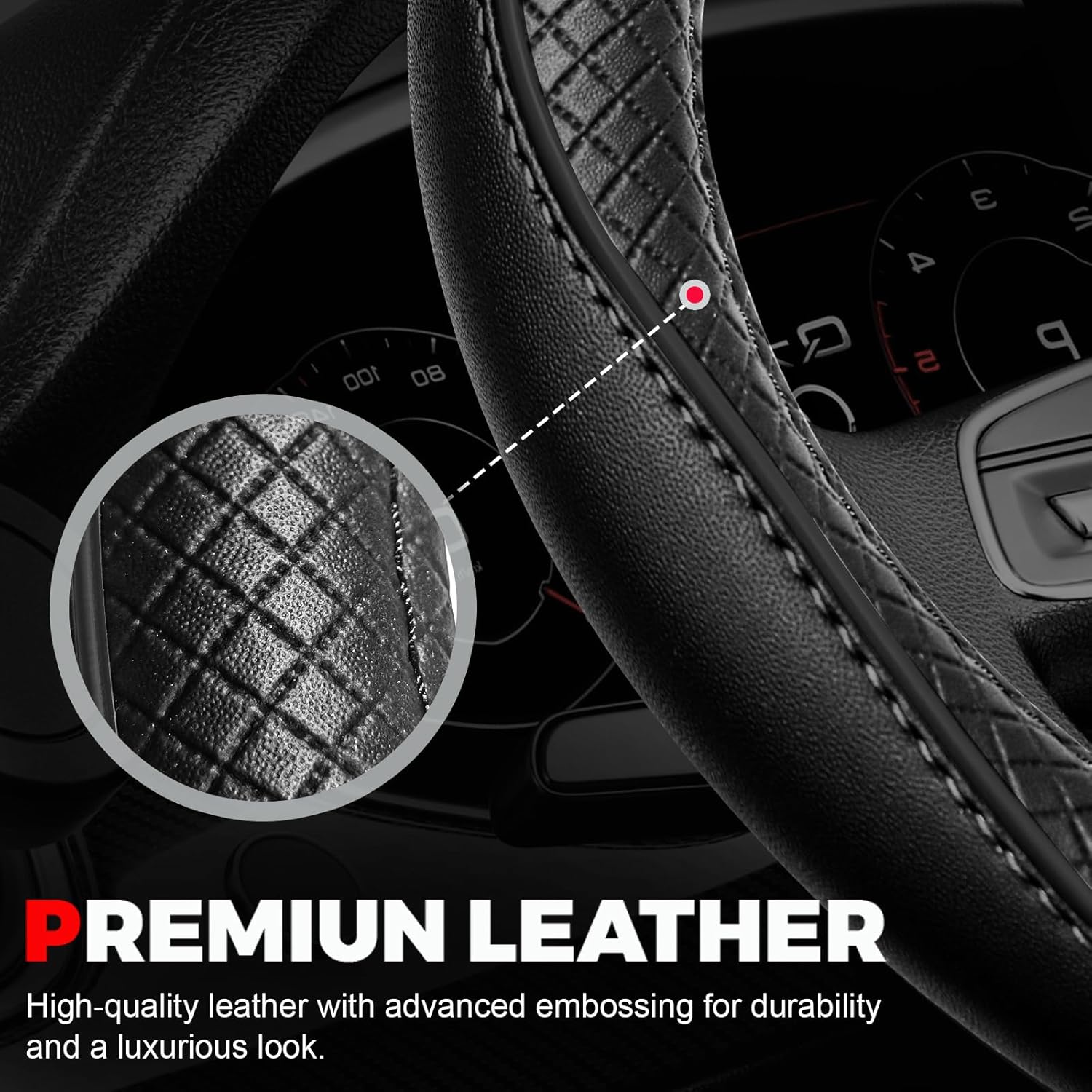 Ouzorp universal 14.5-15 inch black microfiber leather steering wheel cover with anti-slip lining