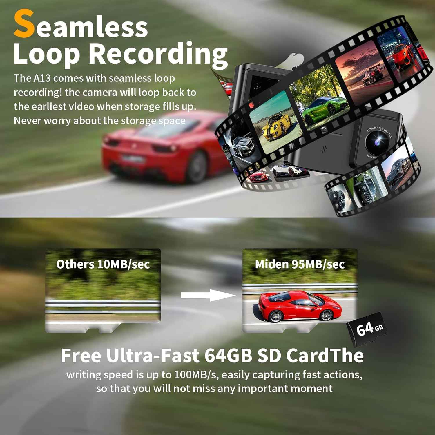 Dash Cam Front and Rear: 4K Dual Channel Dash Cam - 5GHz WiFi, Dash Camera for Cars with 64GB Card, 2" IPS, App Control, G-Sensor, Loop Recording, 170° Wide Angle, Night Vision, 24H Parking Mode