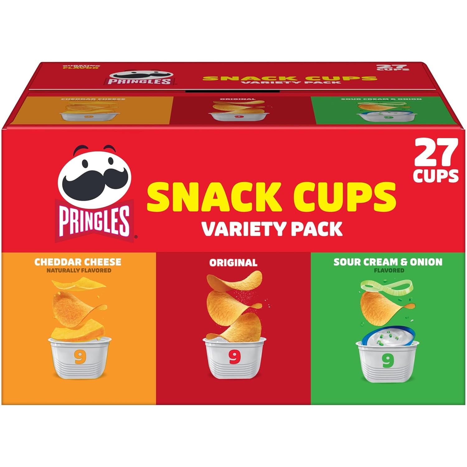 Pringles variety pack of 27 single-portion cups, 19.3oz box, includes cheddar cheese, original, and sour cream and onion flavors