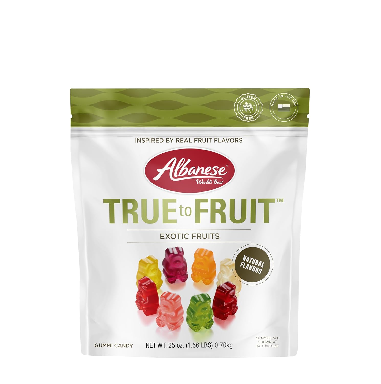 albanese world's best true to fruit exotic fruits, 25oz bag, 8 flavors, soft gummy bears, share size