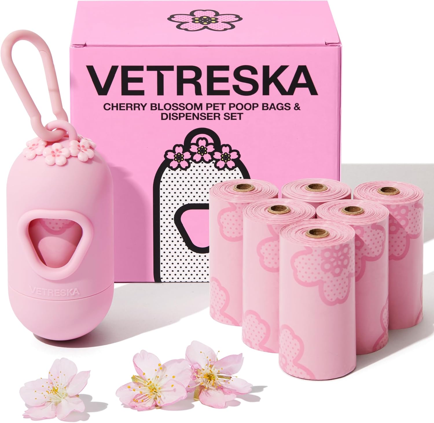 vetreska dog poop bag dispenser with cherry blossom scented bags and holder, pink