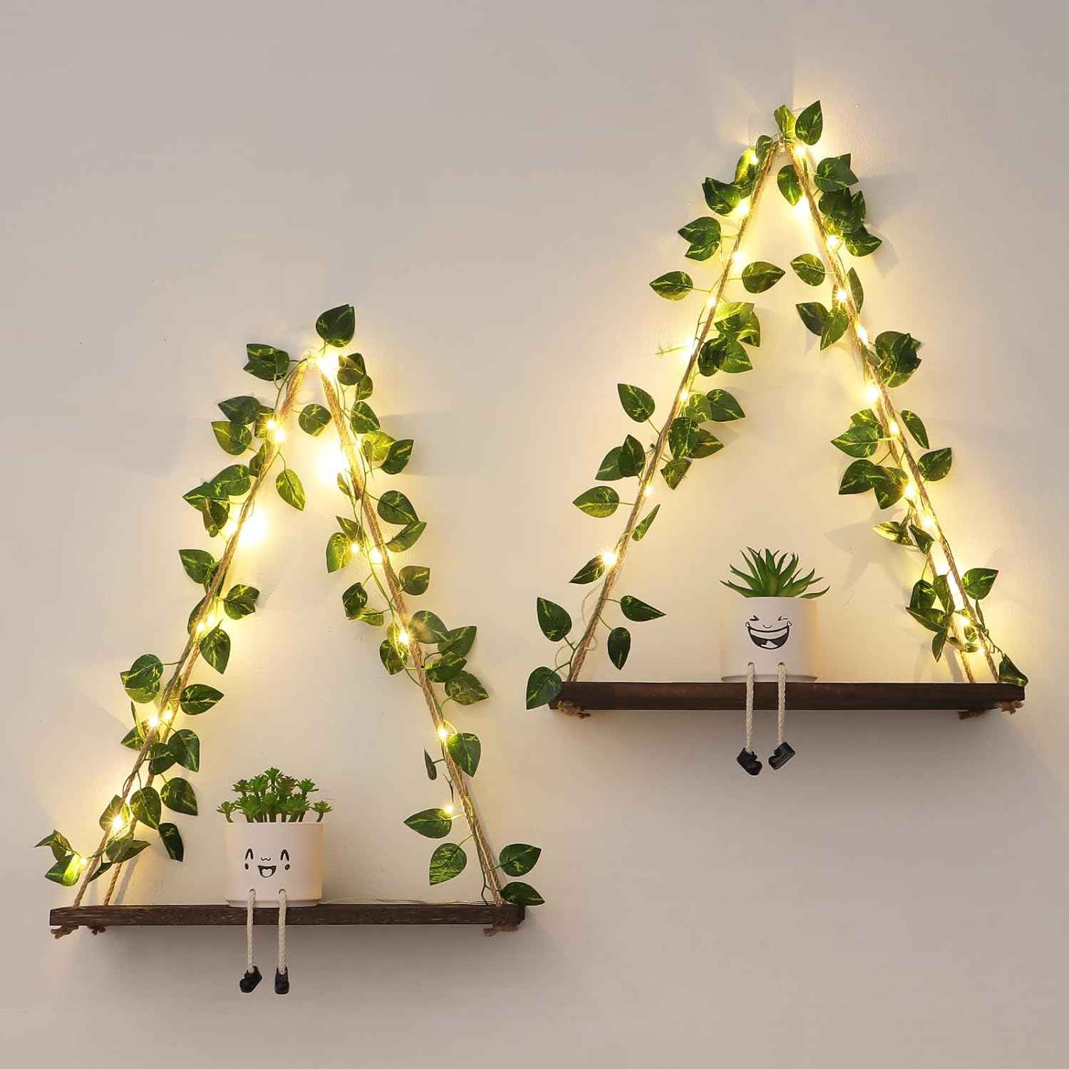 Floating Shelves for Wall, Hanging Shelves with Artificial Ivy LED String Light, No Drilling Hanging Shelf, Wood Hanging Plant Shelves for Wall Décor, Boho Decor, Art Bedroom, Set of 2